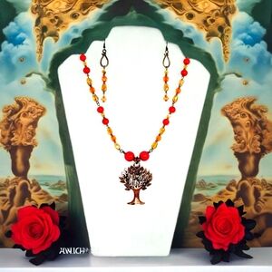 Surrealist Tree Of Life Necklace Earrings Set Brass Copper Crystal Topaz & Red